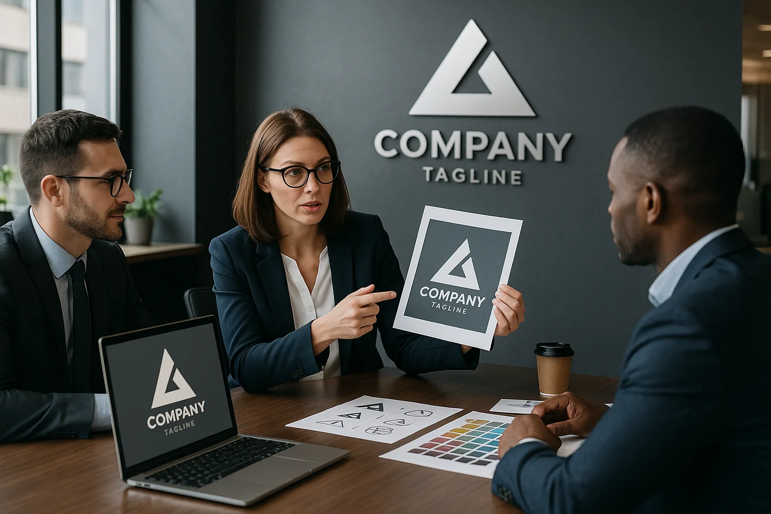 Zespół projektujący logo i identyfikację wizualną firmy w nowoczesnym biurze.